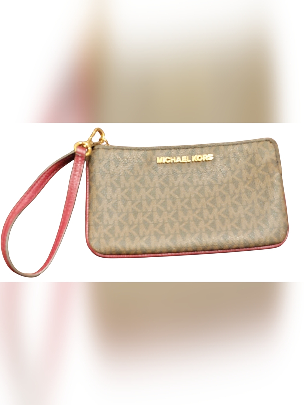 Michael Kors Signature Brown Wristlet with Red Trim